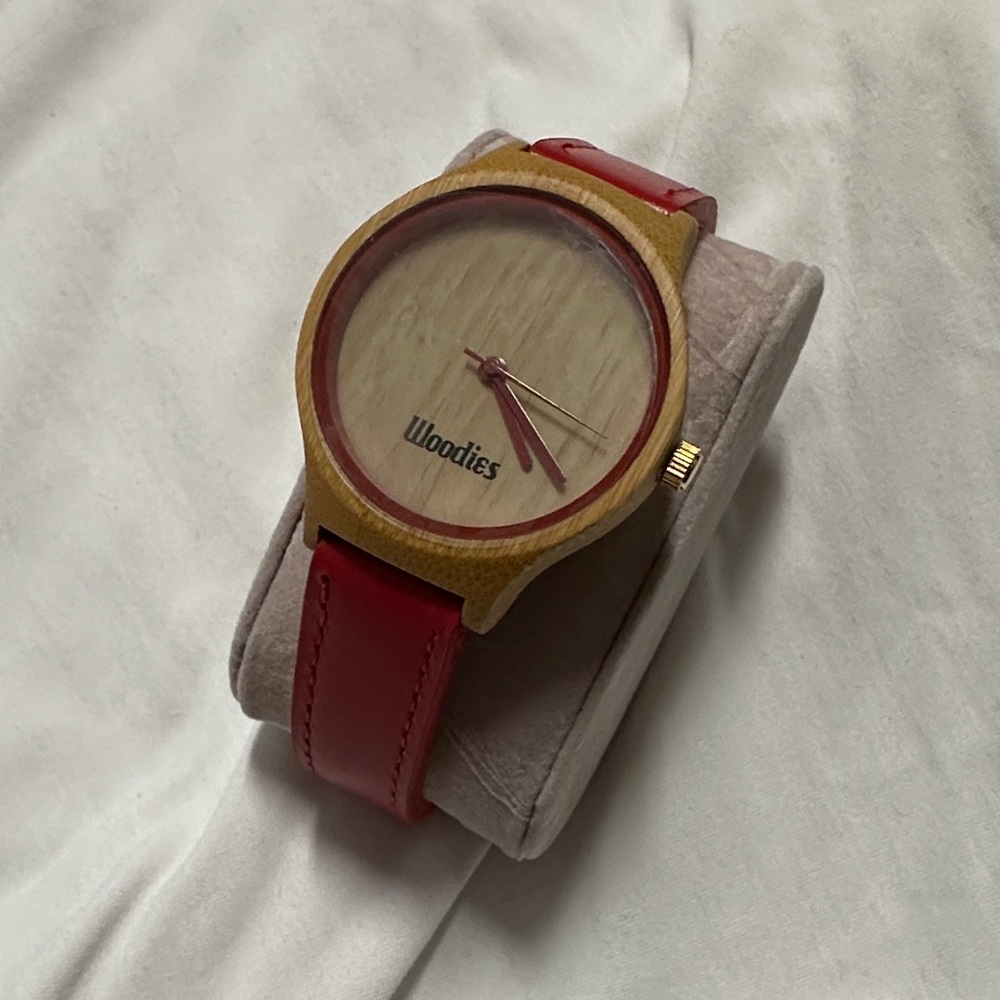Woodies red leather and bamboo watch
